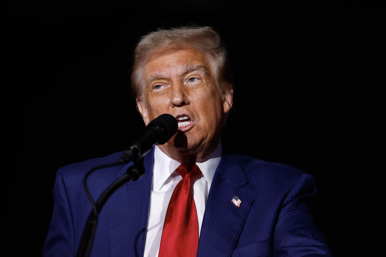 Former President Donald Trump speaks during a campaign rally at Suburban Collection Showplace on October 26, in Novi, Michigan.