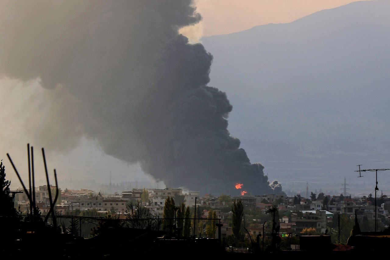 Smoke rises from the site of an Israeli airstrike that targeted Lebanon's eastern city of Baalbek on October 30.