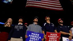 Supporters listen to former President Donald Trump during a campaign rally at Bryce Jordan Center in State College, Pennsylvania, on October 26, 2024.