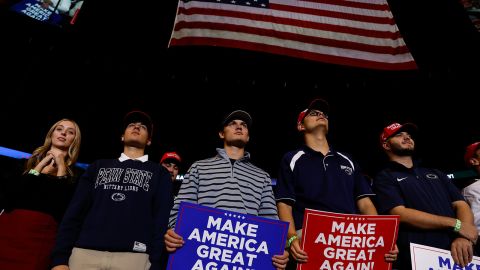 Supporters listen to former President Donald Trump during a campaign rally at Bryce Jordan Center in State College, Pennsylvania, on October 26, 2024.
