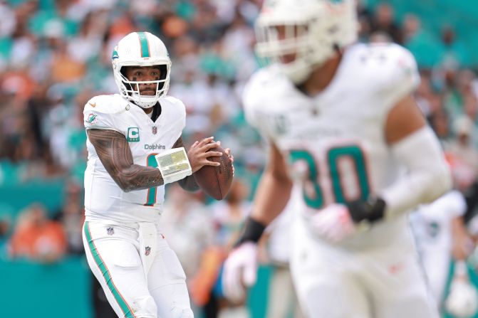 Miami Dolphins quarterback Tua Tagovailoa attempts a pass in the first quarter against the Arizona Cardinals at Hard Rock Stadium in Miami on Sunday, October 27. The Dolphins lost 28-27.