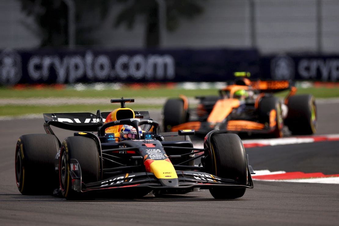 Verstappen leads Norris during the race.