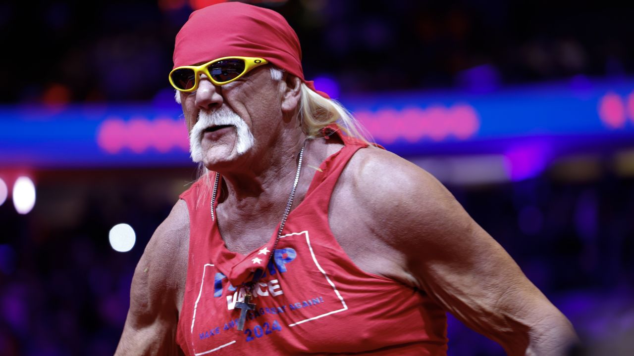 Hulk Hogan takes the stage at a campaign rally at Madison Square Garden on October 27, 2024 in New York City.