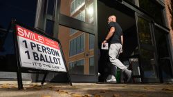 A voter enters the Bucks County Administration building voting on demand and ballot drop center in Doylestown, Pennsylvania on October 31, 2024. Kamala Harris clapped back Thursday at Donald Trump over what she called his "very offensive" remarks about women, returning reproductive rights to the fore as the rivals take their knife-edge White House race to western battleground states. (Photo by Ed JONES / AFP) (Photo by ED JONES/AFP via Getty Images)