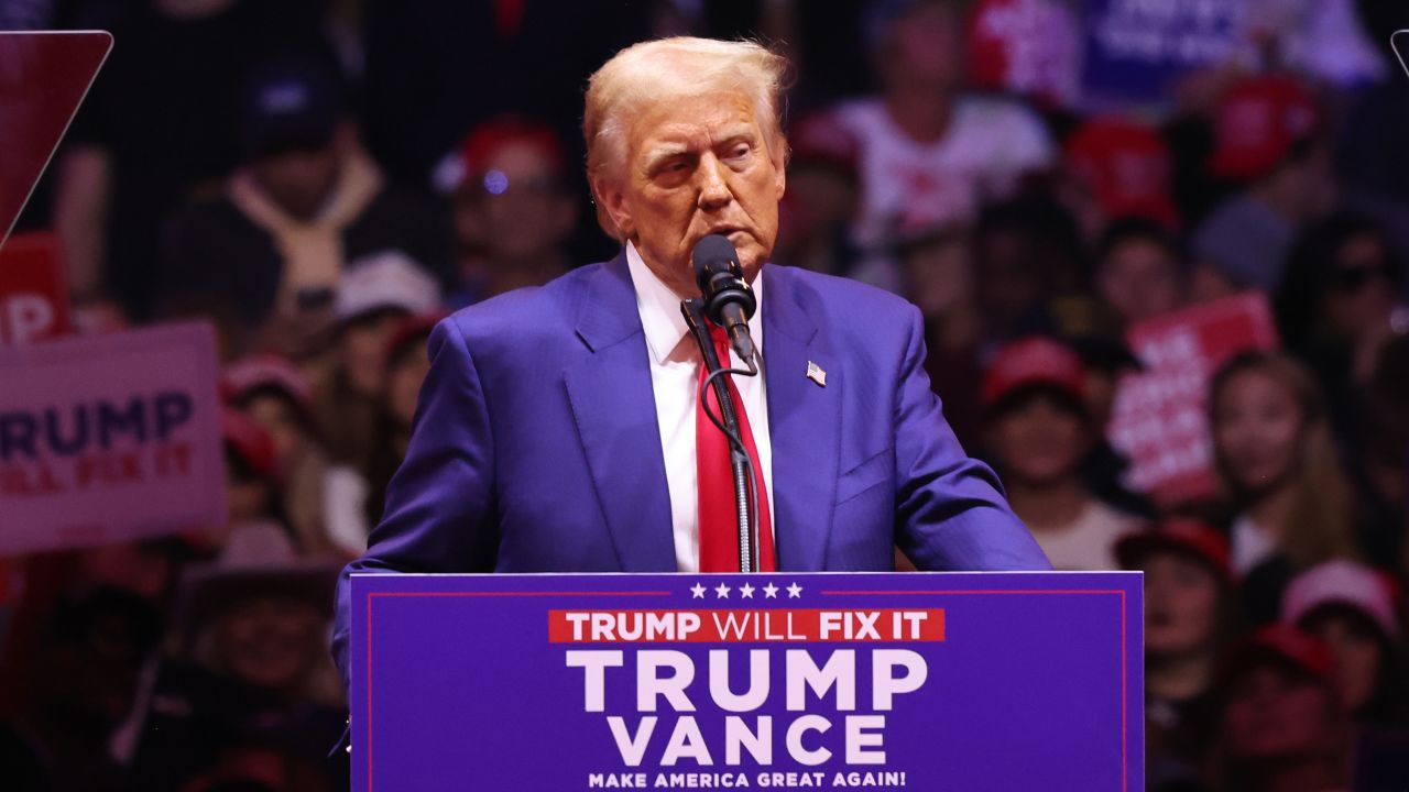 NEW YORK, NEW YORK - OCTOBER 27: Republican presidential nominee, former U.S. President Donald Trump speaks at a campaign rally at Madison Square Garden on October 27, 2024 in New York City. Trump closed out his weekend of campaigning in New York City with a guest list of speakers that includes his running mate Republican Vice Presidential nominee, U.S. Sen. J.D. Vance (R-OH), Tesla CEO Elon Musk, UFC CEO Dana White, and House Speaker Mike Johnson, among others, nine days before Election Day.  (Photo by Michael M. Santiago/Getty Images)