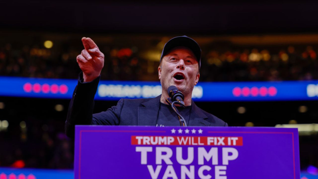 NEW YORK, NEW YORK - OCTOBER 27: Elon Musk speaks during a campaign rally for Republican presidential nominee, former U.S. President Donald Trump at Madison Square Garden on October 27, 2024 in New York City. Trump closed out his weekend of campaigning in New York City with a guest list of speakers that includes his running mate Republican Vice Presidential nominee, U.S. Sen. J.D. Vance (R-OH), Tesla CEO Elon Musk, UFC CEO Dana White, and House Speaker Mike Johnson, among others, nine days before Election Day. (Photo by Anna Moneymaker/Getty Images)