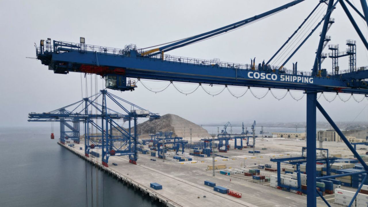 Aerial view of the Chancay "megaport" in the small town of Chancay, 78 kilometers north of the Peruvian capital Lima, on October 29, 2024. The port will be inaugurated on November 14, 2024, by Peruvian President Dina Boluarte and her Chinese counterpart, Xi Jinping, on the sidelines of the Asia-Pacific Economic Cooperation (APEC) summit in Lima. (Photo by Cris BOURONCLE / AFP) (Photo by CRIS BOURONCLE/AFP via Getty Images)