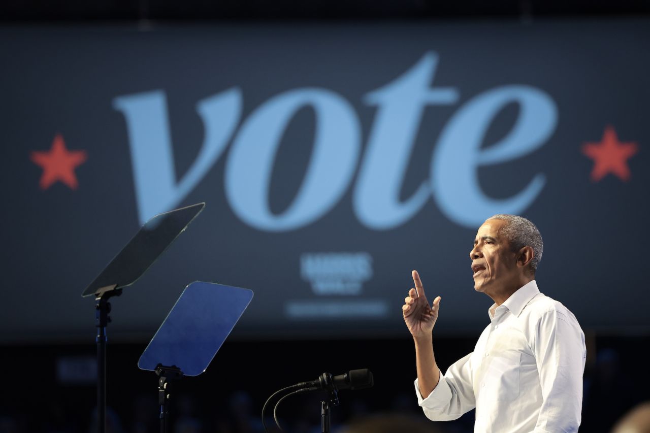 Former President Barack Obama speaks during a campaign rally in support of Vice President Kamala Harris at Temple University in Philadelphia on Monday.