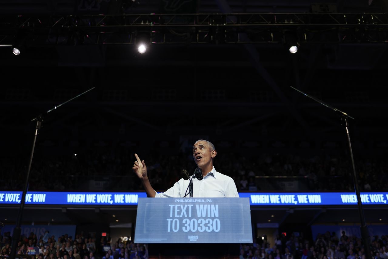 Former U.S. President Barack Obama speaks during a campaign rally in support of Democratic presidential nominee, U.S. Vice President Kamala Harris in Philadelphia, Pennsylvania, on October 28.