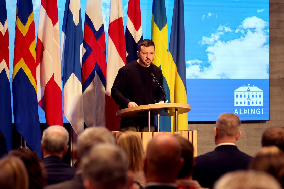 Ukrainian President Vladimir Zelensky addresses the Nordic Council in Iceland on October 29.