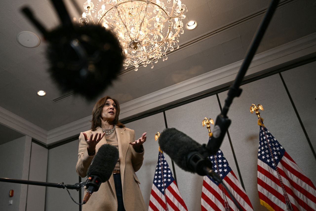 Vice President Kamala Harris speaks to the press in Milwaukee on November 2.