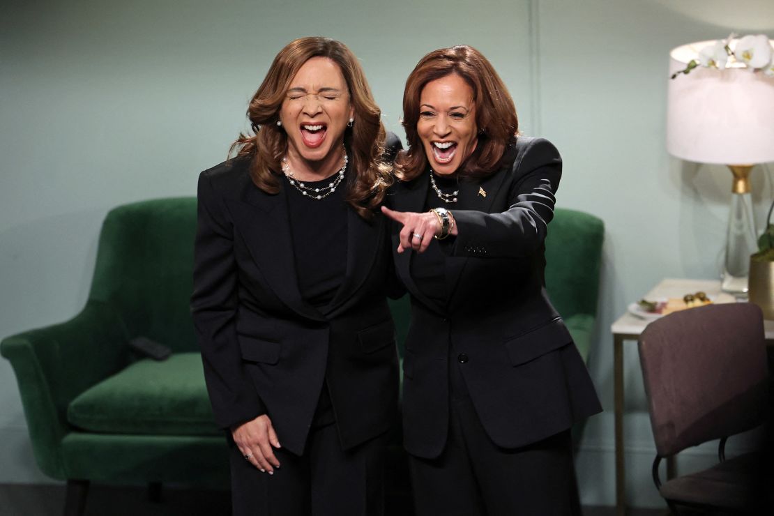 Democratic presidential candidate Vice President Kamala Harris appears with actress Maya Rudolph during the cold open of "Saturday Night Live" on November 2, 2024.