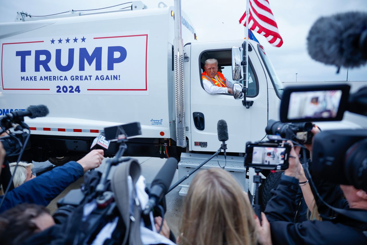 Donald Trump holds a press conference from inside a garbage truck in Green Bay, Wisconsin, on October 30.