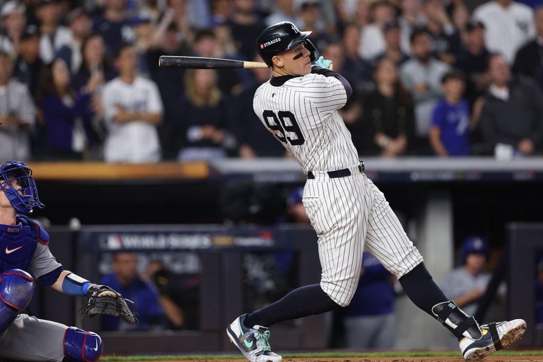 Aaron Judge hits a two-run home run in Game Five of the 2024 World Series against the Los Angeles Dodgers.