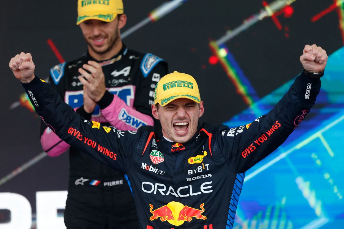 Verstappen celebrates after winning the São Paulo Grand Prix in Brazil.