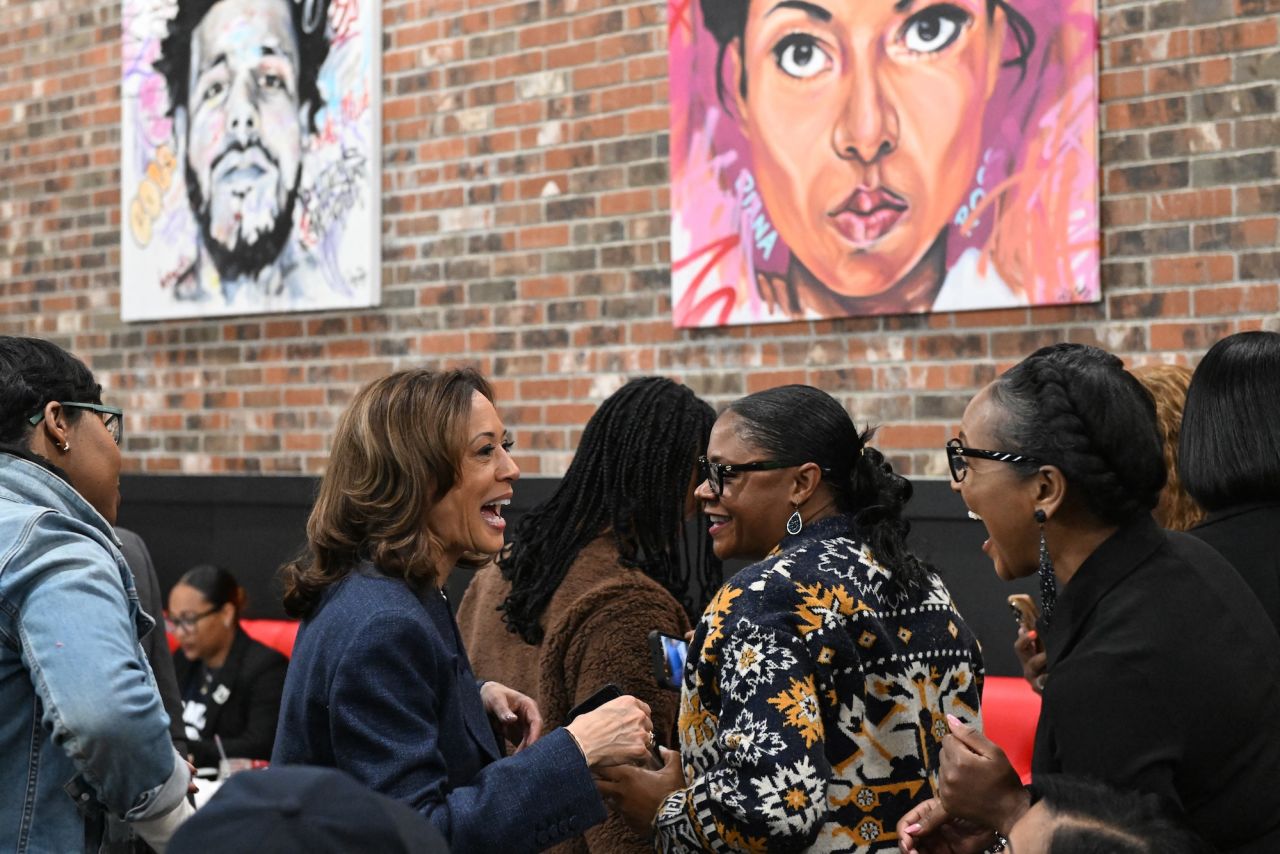 Vice President Kamala Harris speaks to diners at Kuzzo's Chicken and Waffles restaurant in Detroit, Michigan, on Sunday.