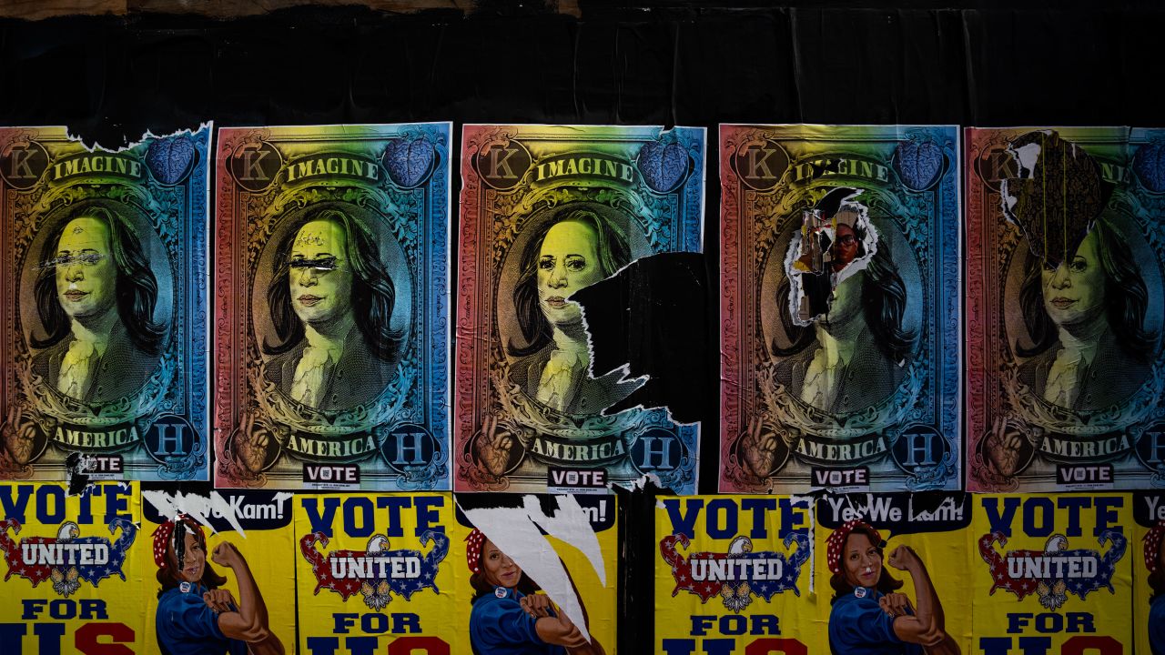 PHILADELPHIA, PENNSYLVANIA - NOVEMBER 04: Posters campaigning for Democratic presidential nominee, U.S. Vice President Kamala Harris are seen on a wall along twelfth street on November 04, 2024 in Philadelphia, Pennsylvania. With polls predicting one of the tightest presidential elections in modern U.S. history, candidates Vice President Kamala Harris and former President Donald Trump are focusing on key battleground states on the eve of the election.. (Kent Nishimura/Getty Images)