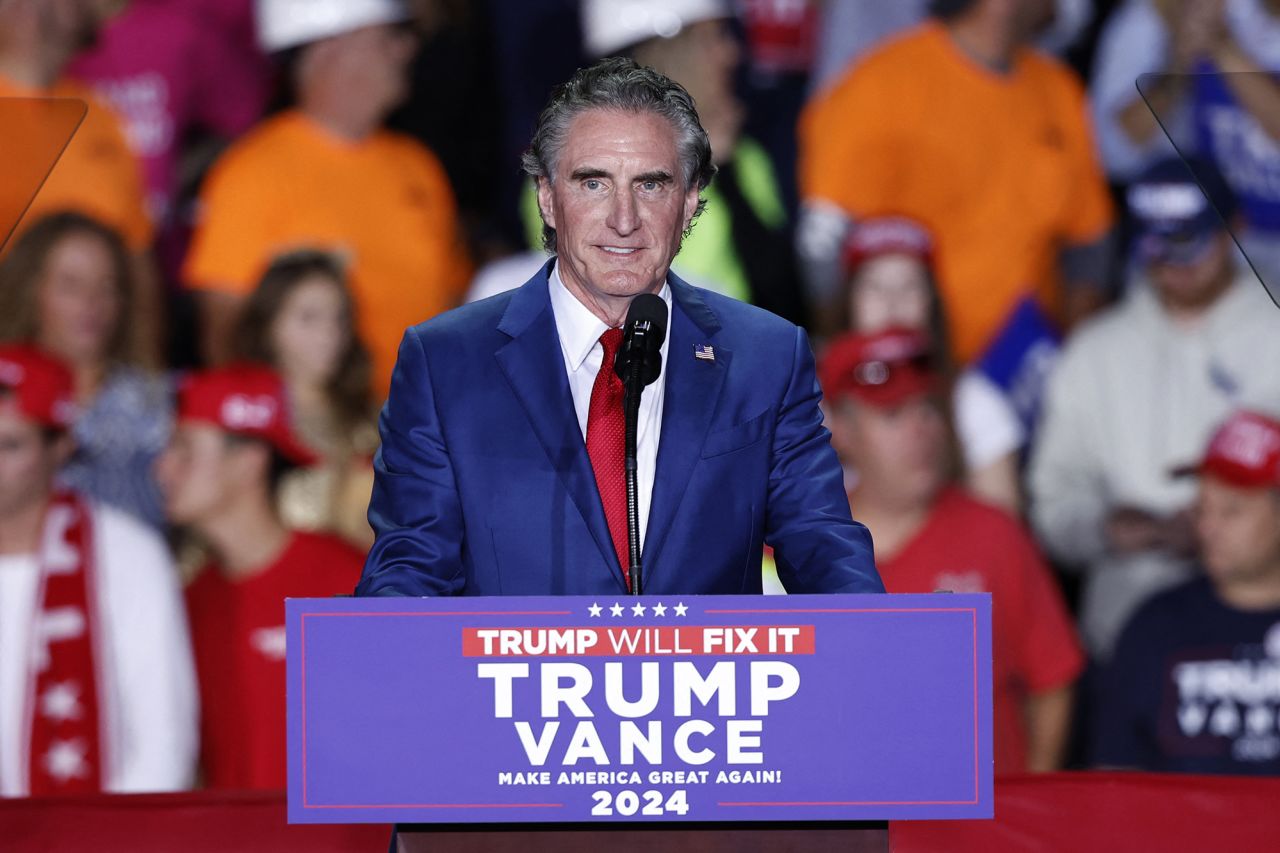 Governor of North Dakota Doug Burgum speaks during the final campaign rally for Donald Trump before election day at Van Andel Arena in Grand Rapids, Michigan, on November 4.