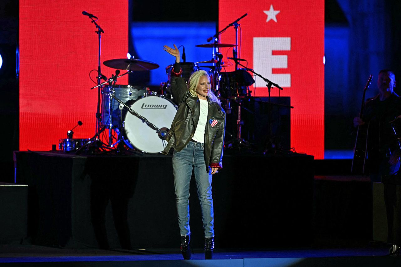  Lady Gaga waves before performing during a campaign rally for Vice President Kamala Harris in Philadelphia, Pennsylvania on Monday, November 4. (