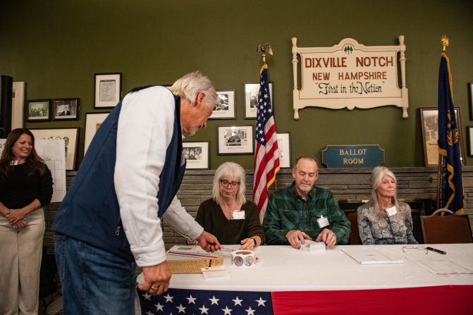 A resident checks in to cast their ballot in Dixville Notch, New Hampshire, just after midnight on Election Day. Harris <a href=