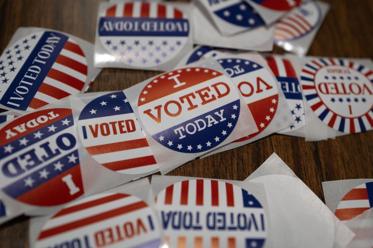 Stickers sit on a table in Little Chute, Wisconsin on November 1.