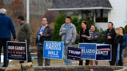 OAKMONT, PENNSYLVANIA - NOVEMBER 5: Voters wait in line at a polling station on November 5, 2024 in Oakmont, Pennsylvania, a suburban community outside Pittsburgh on November 5, 2024 in Oakmont, Pennsylvania. Americans cast their ballots today in the presidential race between Republican nominee former President Donald Trump and Democratic nominee Vice President Kamala Harris, as well as multiple state elections that will determine the balance of power in Congress. (Photo by Jeff Swensen/Getty Images)