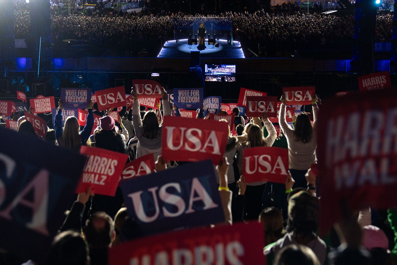 Democratic presidential nominee, U.S. Vice President Kamala Harris speaks during the closing rally of her campaign at the base of the iconic "Rocky Steps" at the Philadelphia Museum of Art on November 5 in Philadelphia, Pennsylvania, on the eve of Election Day.