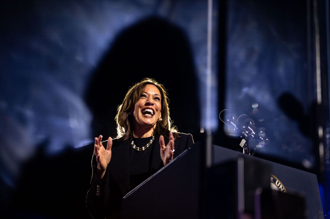 Vice President Kamala Harris Harris speaks during the closing rally of her campaign at base of the iconic "Rocky Steps" at the Philadelphia Museum of Art on November 5, 2024 in Philadelphia, Pennsylvania, on the eve of one of the tightest presidential elections in modern U.S. history.