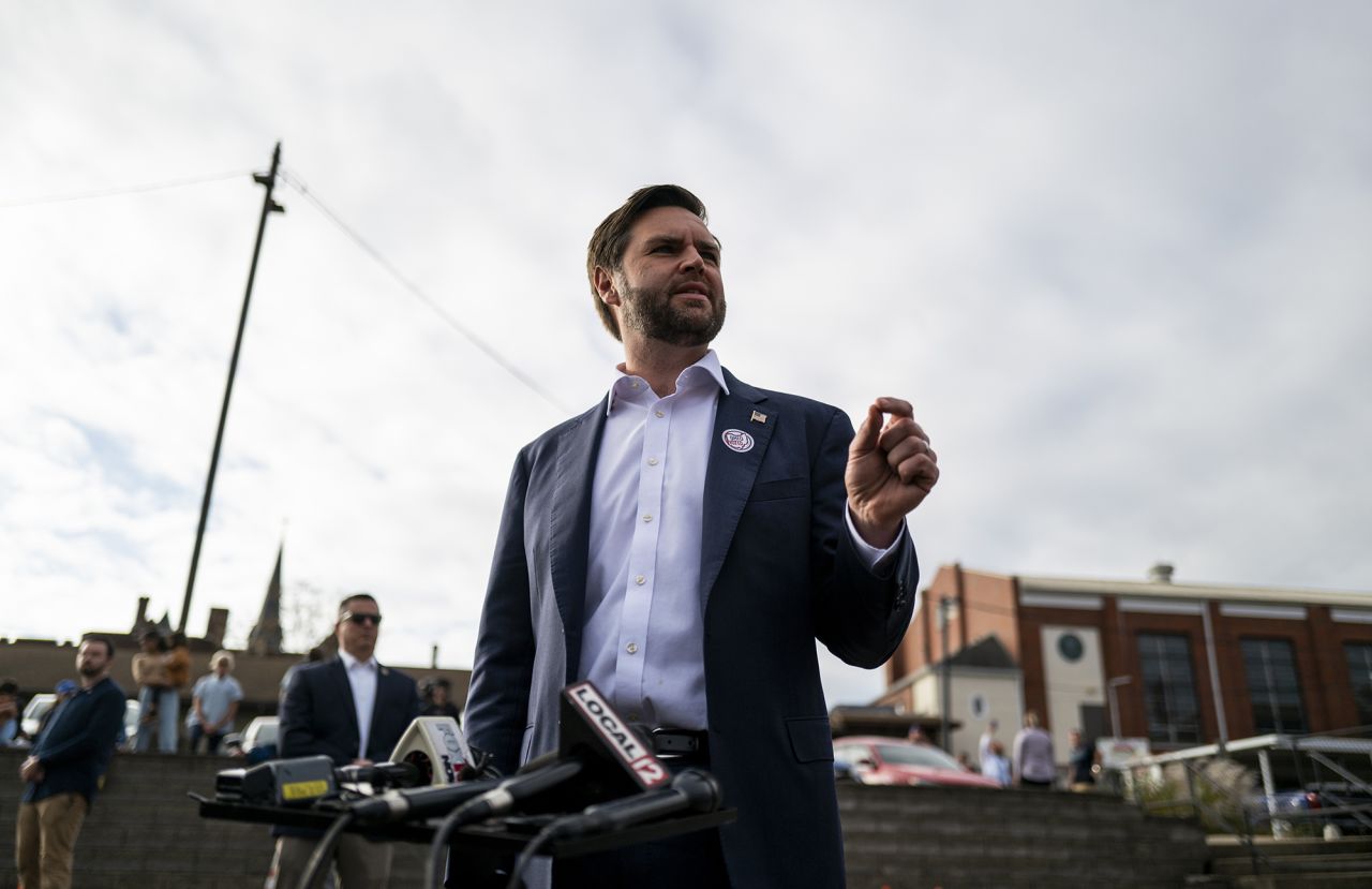 Republican nominee for vice president U.S. Senator JD Vance (R-OH) address members of the media after voting on November 5.