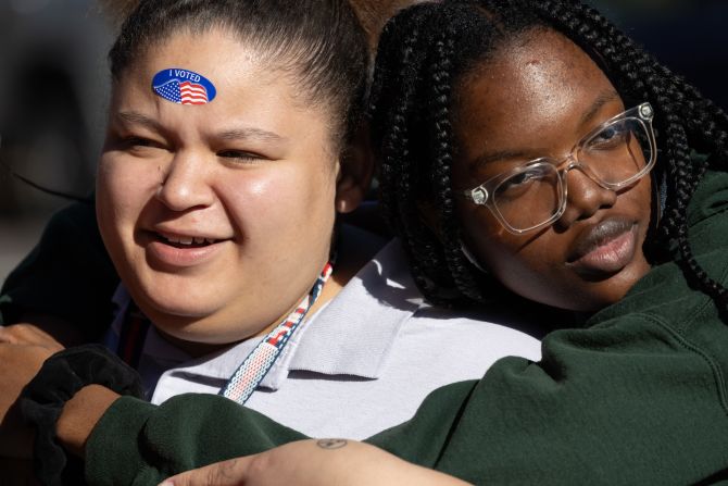 Two voters pose after casting their ballots in Pittsburgh on Tuesday.