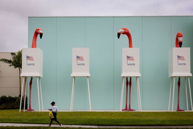 Giant fake flamingos are seen outside a polling location in West Palm Beach on Tuesday.