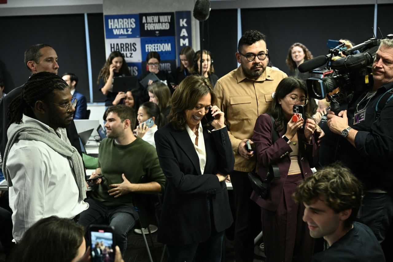 Vice President Kamala Harris takes part in phone banking at the Democratic National Committee headquarters in Washington, DC on Tuesday.