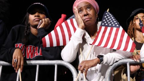 TOPSHOT - ers of US Vice President and Democratic presidential candidate Kamala Harris react during an election night event at Howard University in Washington, DC, on November 5, 2024. (Photo by CHARLY TRIBALLEAU / AFP) (Photo by CHARLY TRIBALLEAU/AFP via Getty Images)