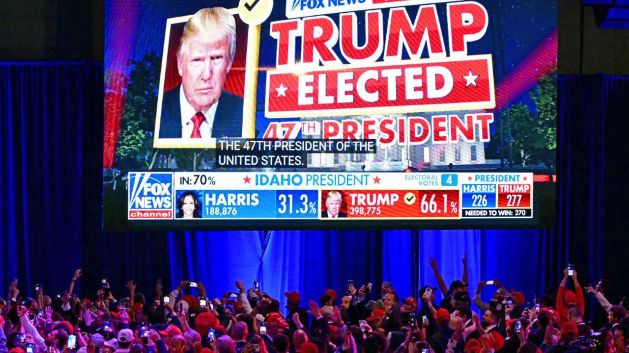 TOPSHOT - ers of former US President and Republican presidential candidate Donald Trump celebrate as Fox News declares him the next President of the United States during an election night event at the West Palm Beach Convention Center in West Palm Beach, Florida, early on November 6, 2024. (Photo by Jim WATSON / AFP) (Photo by JIM WATSON/AFP via Getty Images)