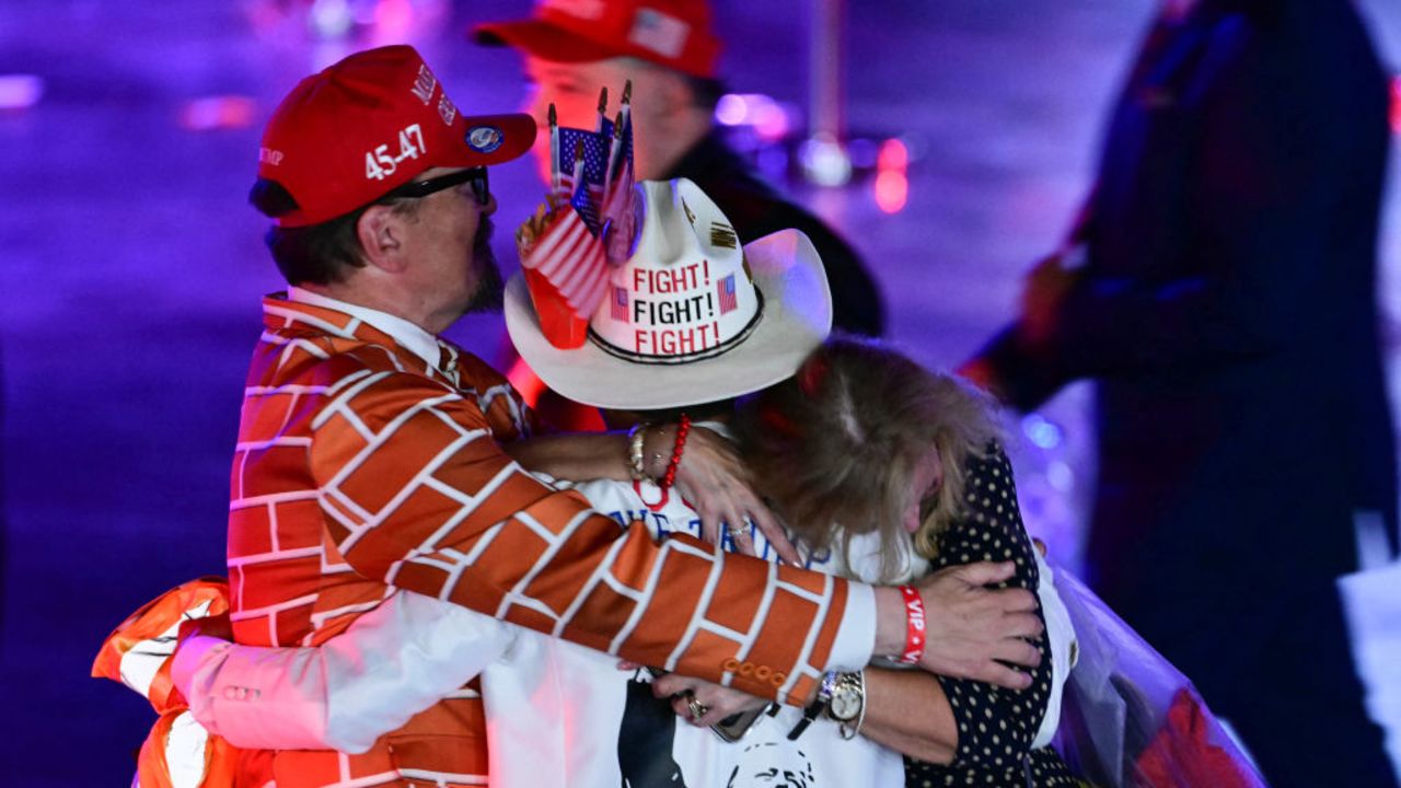 Blake Marnell wears his wall suit as he celebrates election results at an election night event with former US President and Republican presidential candidate Donald Trump at the West Palm Beach Convention Center in West Palm Beach, Florida, on November 6, 2024. (Photo by Jim WATSON / AFP) (Photo by JIM WATSON/AFP via Getty Images)