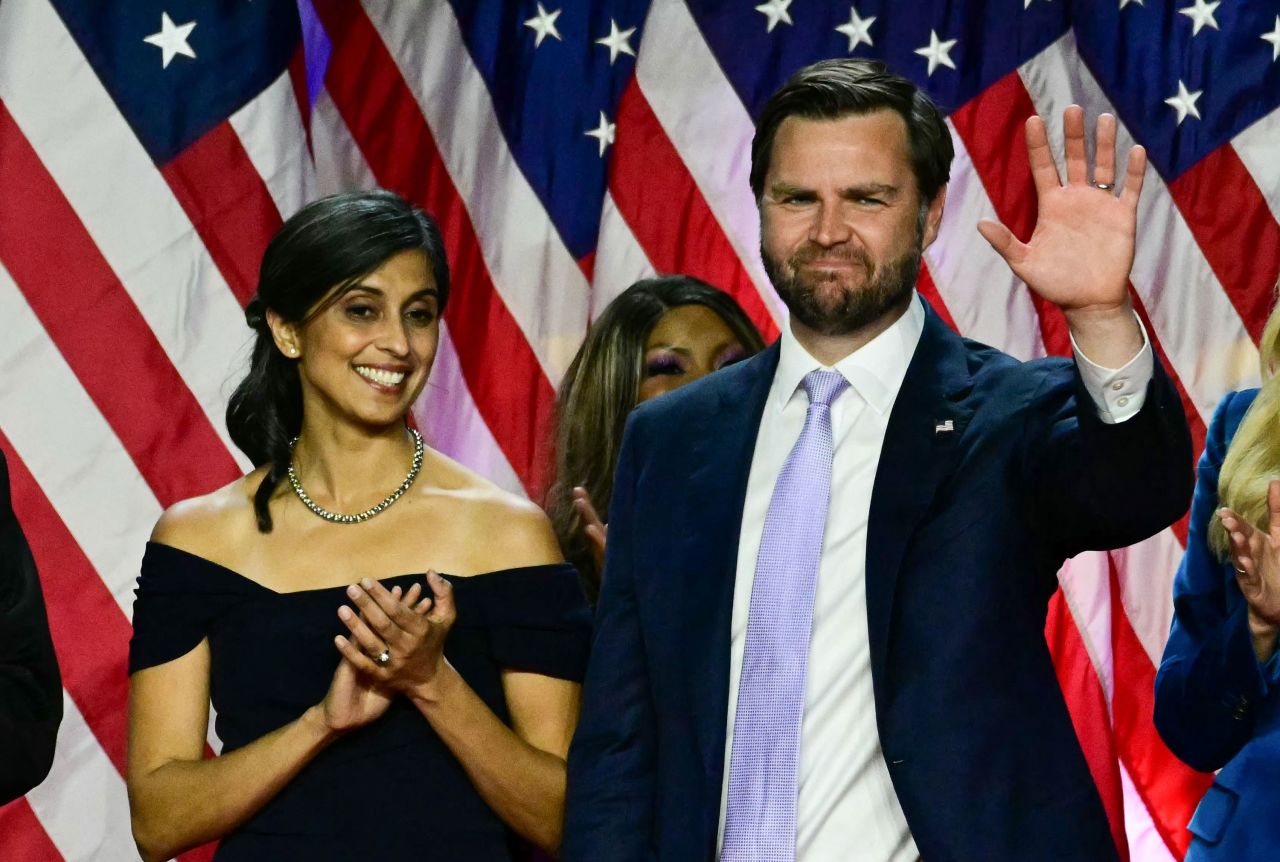 Vice President-elect JD Vance and his wife Usha Vance greet the crowd at the Trump-Vance election night watch party in the early hours of Wednesday.