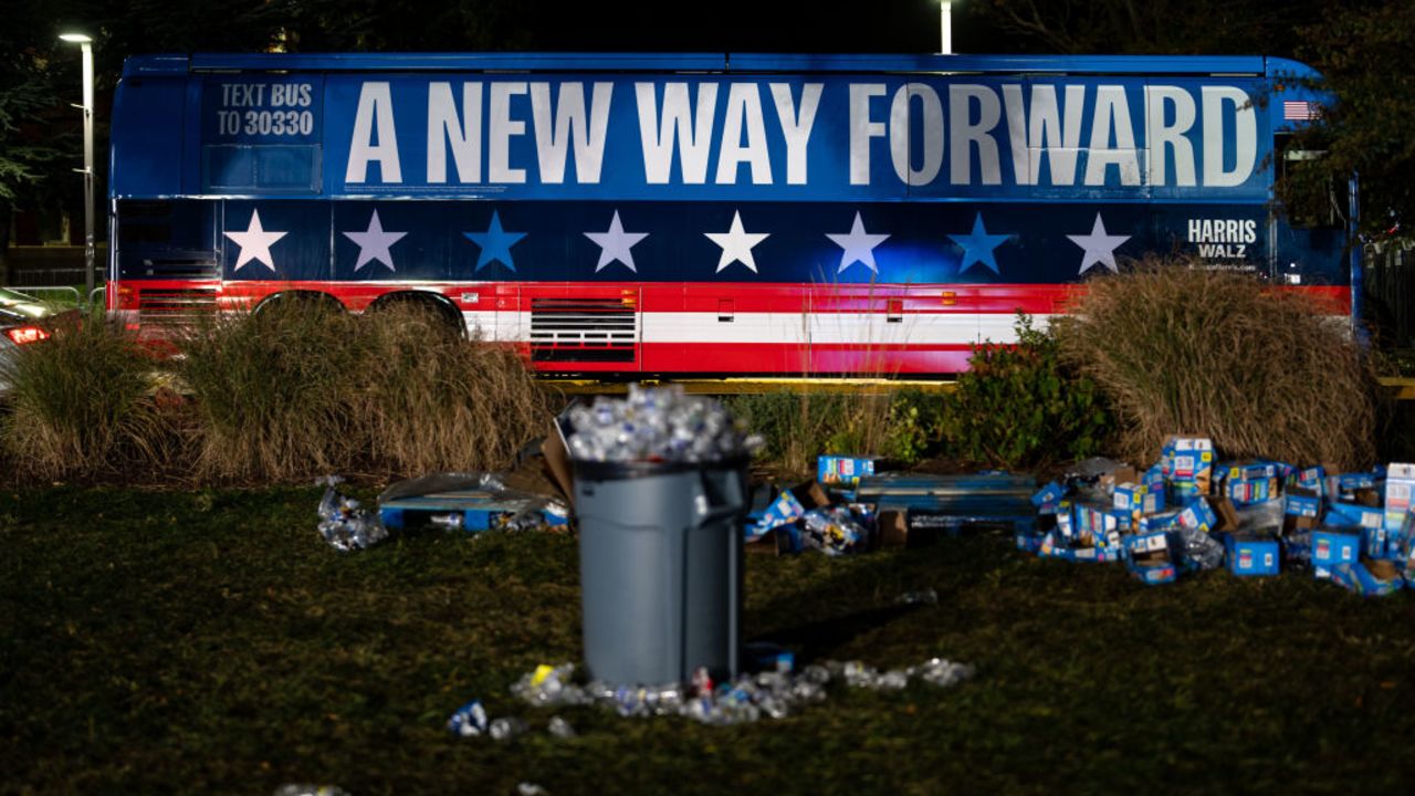 WSHINGTON, DC - NOVEMBER 06: Chairs and trash sit in an empty field after the election night watch party for Democratic presidential nominee, U.S. Vice President Kamala Harris at Howard University on November 06, 2024 in Wshington, DC. Americans cast their ballots today in the presidential race between Republican nominee former President Donald Trump and Vice President Kamala Harris, as well as multiple state elections that will determine the balance of power in Congress. (Kent Nishimura/Getty Images)