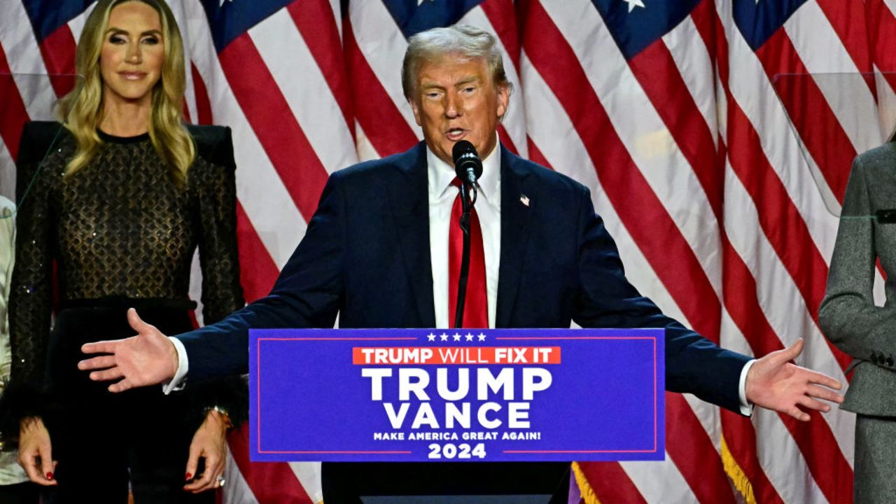 Former US President and Republican presidential candidate Donald Trump speaks during an election night event at the West Palm Beach Convention Center in West Palm Beach, Florida, on November 6, 2024. Donald Trump claimed victory and pledged to "heal" the country on November 6, 2024 as results put him on the verge of beating Kamala Harris in a stunning White House comeback. (Photo by Jim WATSON / AFP) (Photo by JIM WATSON/AFP via Getty Images)