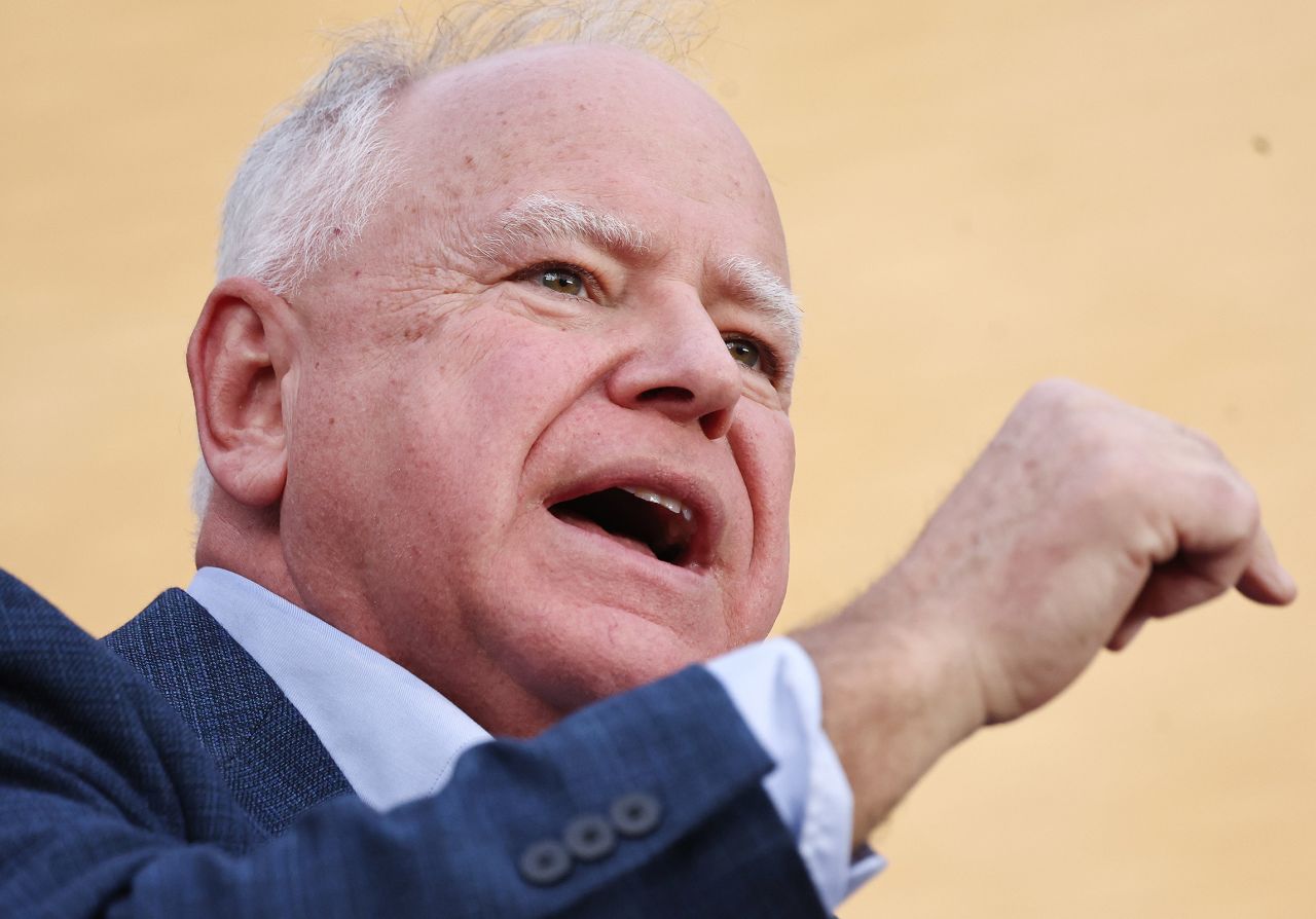 Democratic vice presidential nominee Gov. Tim Walz speaks during a campaign rally at Tucson High Magnet School in Tucson, Arizona, on November 2, 2024.