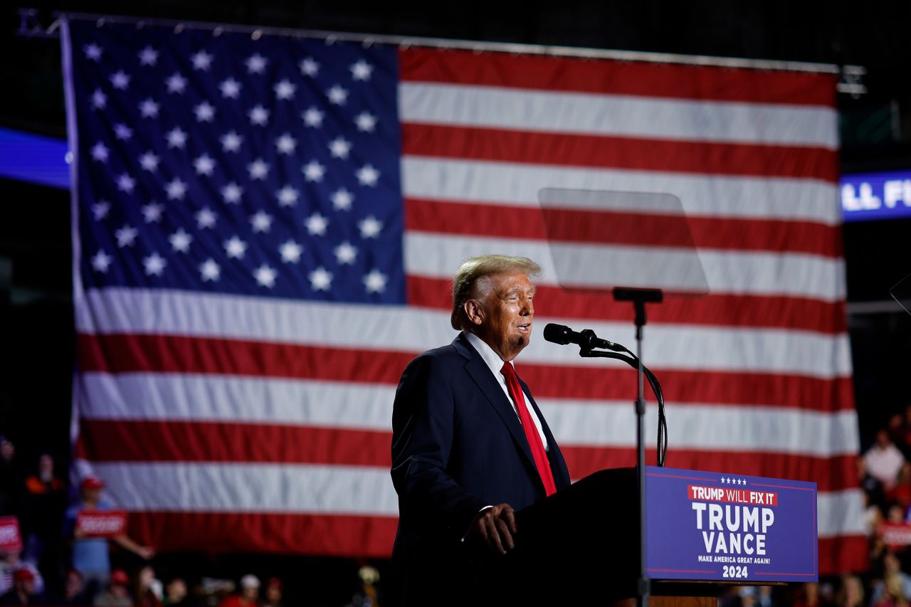 Republican presidential nominee, former President Donald Trump speaks at a campaign rally in Greensboro, North Carolina, on November 02, 2024.