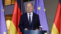 German Chancellor Olaf Scholz addresses a press conference at the Chancellery in Berlin after a coalition committe meeting on November 6, 2024. A crisis rocking the German Chancellor's fractious three-party coalition is headed for a potential crunch point on November 6, 2024, amid fears the government could collapse. Discord on how to revive a flagging economy and carve up a tight budget has flared between Scholz's Social Democrats (SPD) and his junior partners, the Greens and the Free Democrats (FDP). (Photo by Odd ANDERSEN / AFP) (Photo by ODD ANDERSEN/AFP via Getty Images)