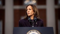 Democratic presidential nominee, U.S. Vice President Kamala Harris pauses while speaking on stage as she concedes the election, at Howard University on November 6, 2024 in Washington, DC.