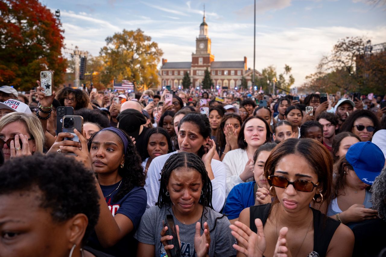 Harris supporters become emotional as Vice President Kamala Harris concedes the election at Howard University in Washington, DC, on November 6.