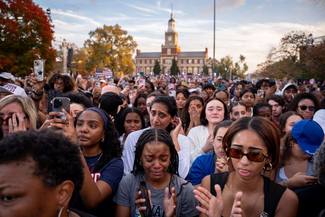 Supporters become emotional as Vice President Kamala Harris concedes the election on November 6, 2024, at Howard University in Washington.