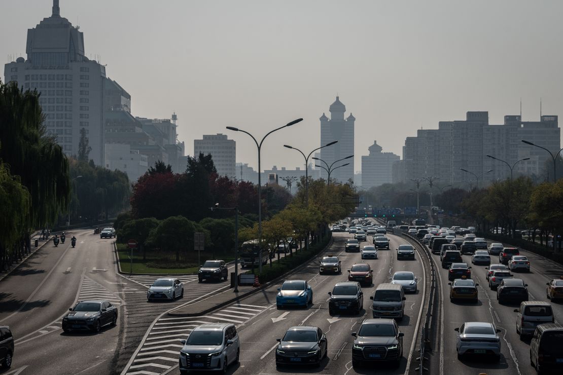 Traffic in Beijing's financial district in November 2024.