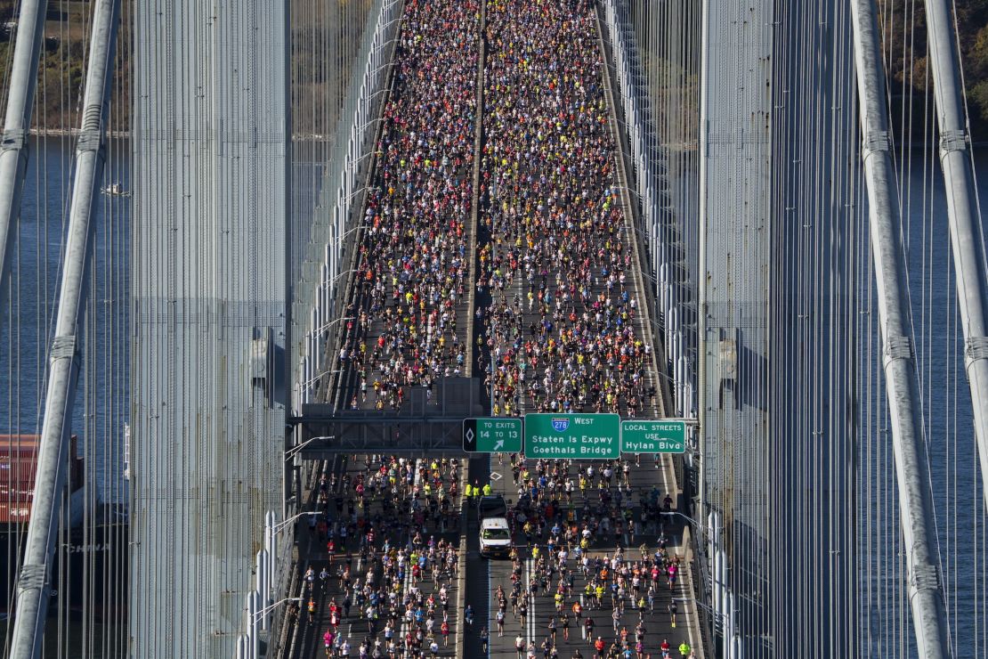 New York City Marathon runners cross the Verrazzano-Narrows Bridge on Sunday.