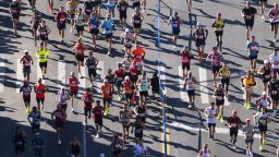 NEW YORK, NEW YORK - NOVEMBER 03: In this aerial view, runners compete down Fifth Avenue in the Bay Ridge neighborhood of Brooklyn during the 2024 TCS New York City Marathon on November 03, 2024 in New York City. (Photo by Craig T Fruchtman/Getty Images)