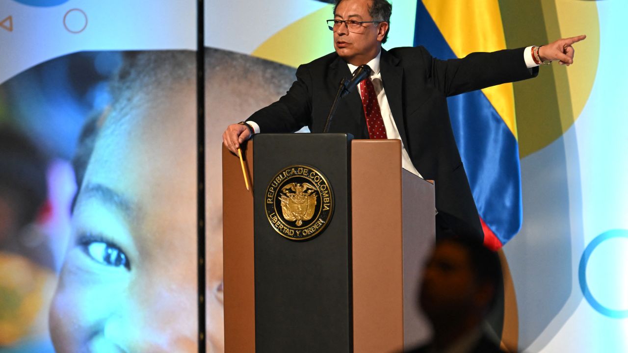 Colombian President Gustavo Petro speaks during the opening of the First Global Ministerial Conference on Ending Violence Against Children in Bogota on November 7, 2024. (Photo by Raul ARBOLEDA / AFP) (Photo by RAUL ARBOLEDA/AFP via Getty Images)