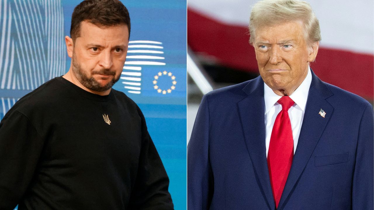 (COMBO) This combination of pictures created on November 07, 2024 shows Ukraine's president Volodymyr Zelensky (L) arrives to give a press conference on the sideline of a EU summit in Brussels, on October 17, 2024, and former US President and Republican presidential candidate Donald Trump (L) arrives to speak during a campaign rally at the J.S. Dorton Arena in Raleigh, North Carolina, on November 4, 2024. Ukrainian President Volodymyr Zelensky on November 7, 2024 said it would be