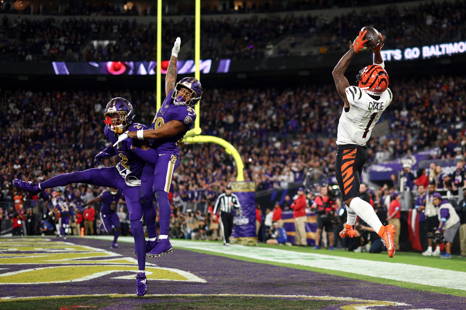 Cincinnati Bengals wide receiver Ja'Marr Chase hauls in a fourth quarter touchdown, his third of the night, in the team's 35-34 loss to the AFC North rival Baltimore Ravens on Thursday, November 7.